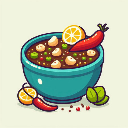 Vector illustration of a bowl of spicy soup with vegetables and herbs.のイラスト素材