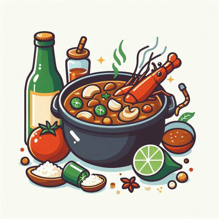 Illustration of a pot of curry with vegetables, herbs and spicesのイラスト素材