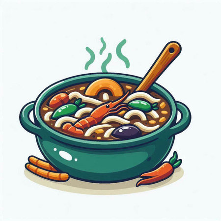 Bowl of soup with shrimps and vegetables. Vector illustration.のイラスト素材