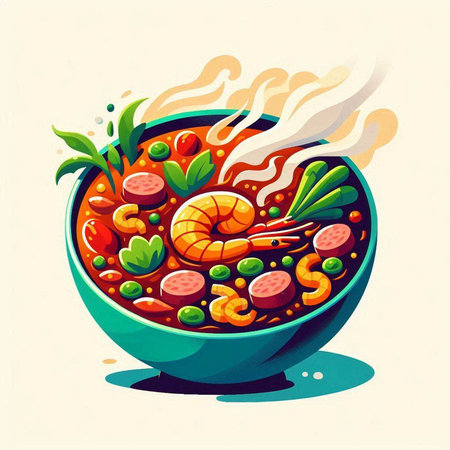 Illustration of a bowl of soup with shrimps and vegetablesのイラスト素材