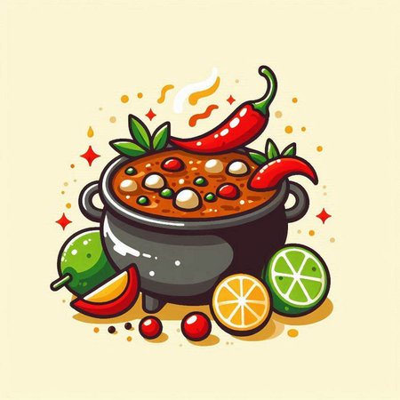 Illustration of a hot chili soup in a pot with ingredients.のイラスト素材