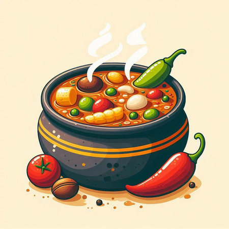 Illustration of a bowl of spicy chinese soup with vegetables.のイラスト素材