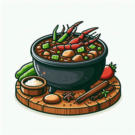 Illustration of a bowl of spicy chili soup with vegetables and spicesのイラスト素材