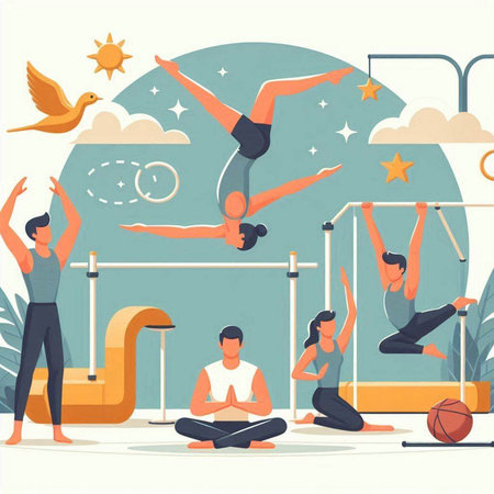 People practicing yoga in the gym. Vector illustration in flat style.のイラスト素材