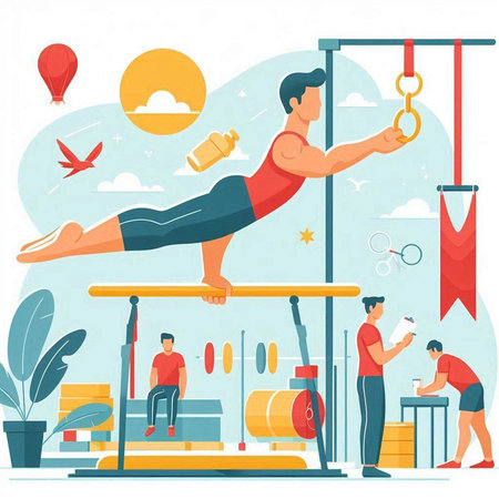 Fitness center. Sporty man doing pull-ups on horizontal bar. Vector illustrationのイラスト素材