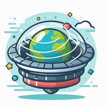 Vector illustration of earth in spaceship. Line art design for web, site, advertising, banner, poster, board and print.のイラスト素材