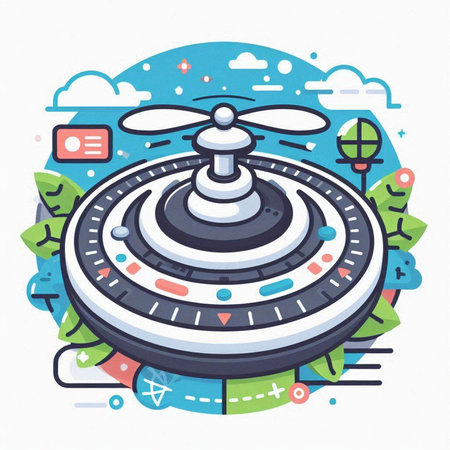 Drone flying in the sky. Vector illustration in flat style.のイラスト素材