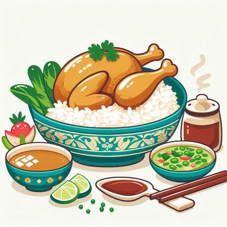 Illustration of a bowl of rice with chicken and vegetables. Vector illustration.のイラスト素材