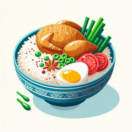Bowl of rice with chicken, egg and vegetables. Vector illustration.のイラスト素材