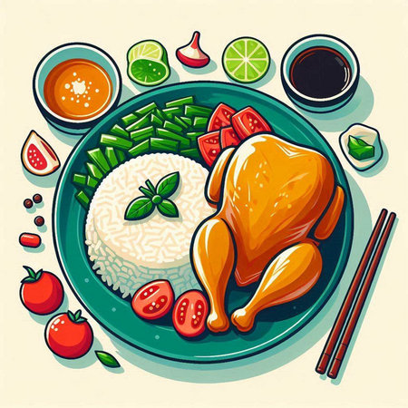 Illustration of a chicken with rice and vegetables on a plate.のイラスト素材