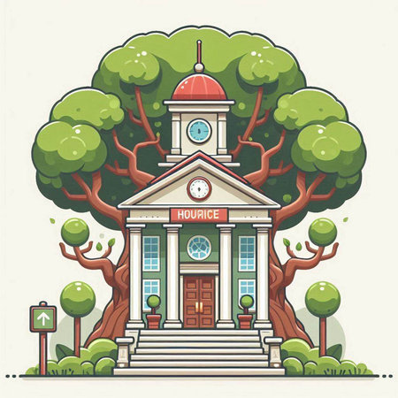 Vector illustration of school building in cartoon style with tree and grass.のイラスト素材