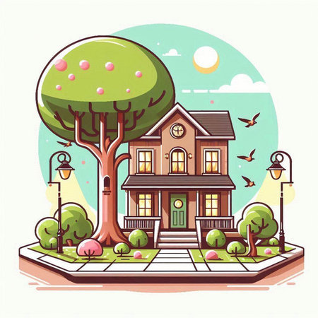 Vector cartoon illustration of a beautiful house with a tree in the yard.のイラスト素材