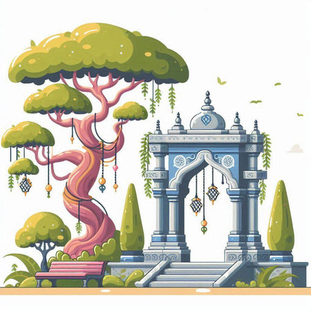 Ancient arch in the park. Vector illustration in a flat style.のイラスト素材
