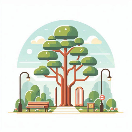 City park with bench and tree. Vector illustration in flat style.のイラスト素材