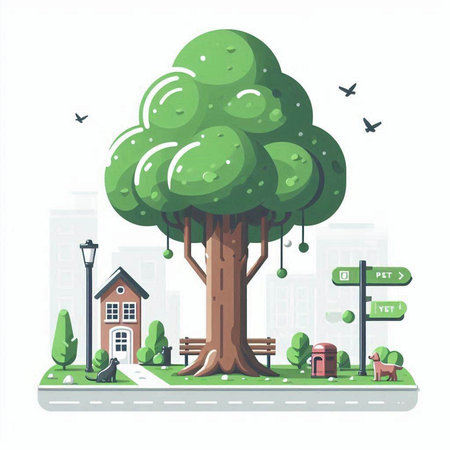 Flat design modern vector illustration concept of green city landscape with tree, street lamps and housesのイラスト素材