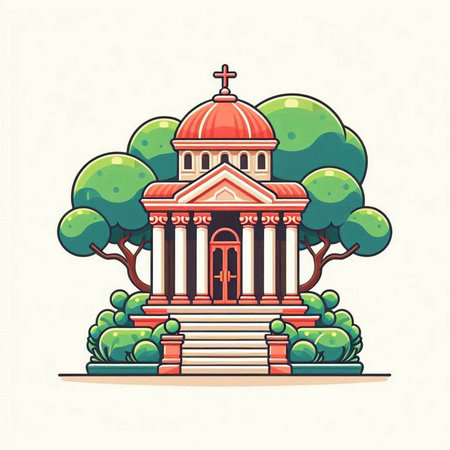 Orthodox church building with trees and bushes. Vector illustration in retro style.のイラスト素材
