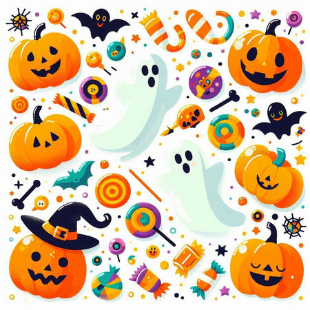 Halloween background with pumpkins and candies. Vector illustration.のイラスト素材