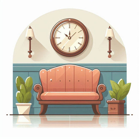 Living room interior with sofa, clock and plants. Vector illustration.のイラスト素材