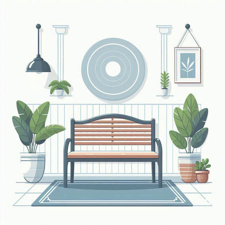 Interior of the living room with a wooden bench. Vector illustration.のイラスト素材