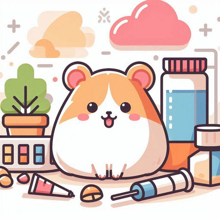Cute hamster character with pills and syringe. Vector illustration.のイラスト素材