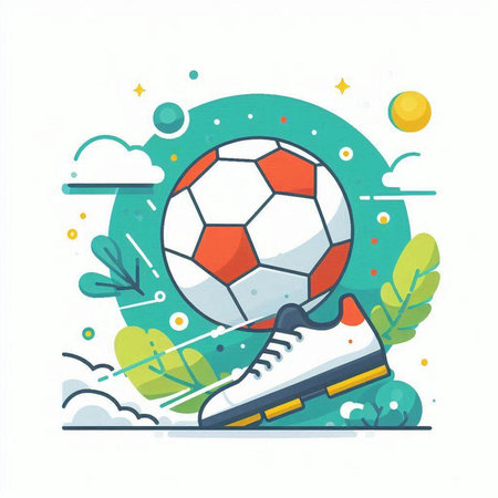 Soccer ball and sneakers on green background. Vector illustration in flat style.のイラスト素材