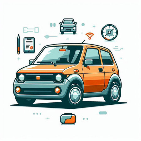 Vector illustration of an orange car on a white background with various iconsのイラスト素材