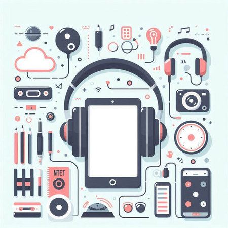Vector illustration of headphones, smartphone and sound equipment. Flat line art design.のイラスト素材