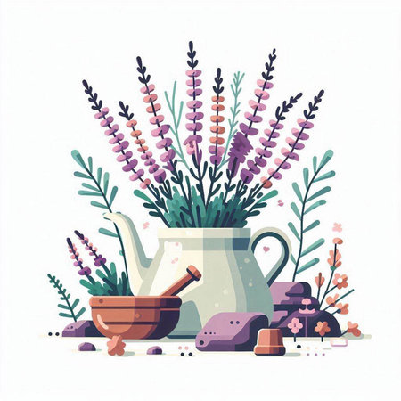 Vector illustration with lavender flowers in a jug, mortar and pestle.のイラスト素材