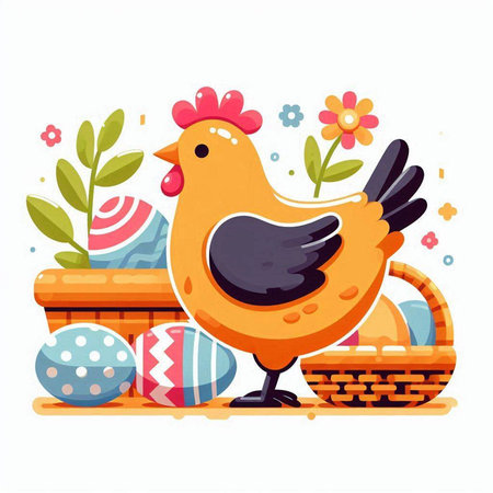 Happy easter card with cute chicken, eggs and flowers. Vector illustration.のイラスト素材