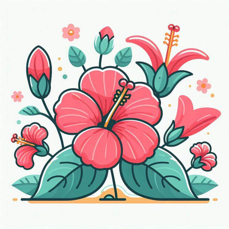 Hibiscus flowers with leaves and flowers. Vector illustration.のイラスト素材