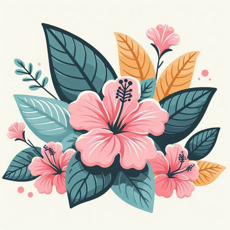 Hibiscus flowers and leaves. Vector illustration in flat style.のイラスト素材
