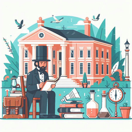Vector illustration of a man reading a book on the background of the university buildingのイラスト素材