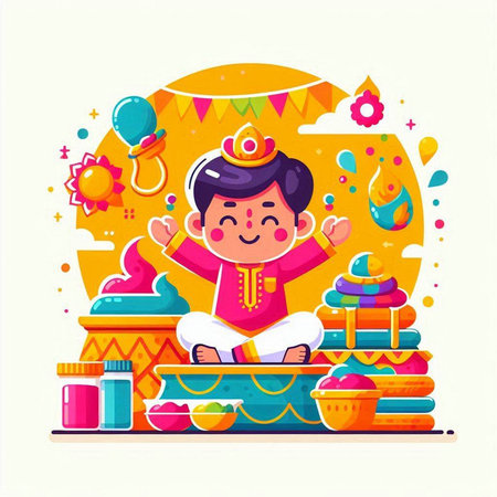 Indian festival dussehra vector illustration. Cartoon Indian girl playing maracas and smilingのイラスト素材