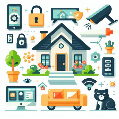 Smart home and security system. Vector illustration in flat cartoon style.のイラスト素材