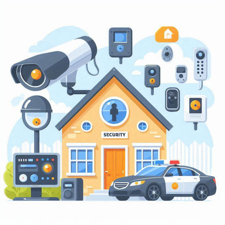 Security camera and police building. Vector illustration in flat cartoon style.のイラスト素材