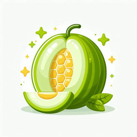 Illustration of fresh green melon on white background with stars.のイラスト素材