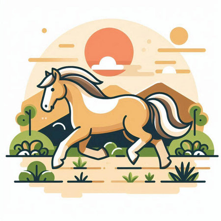 Horse running on the meadow. Flat style vector illustration.のイラスト素材