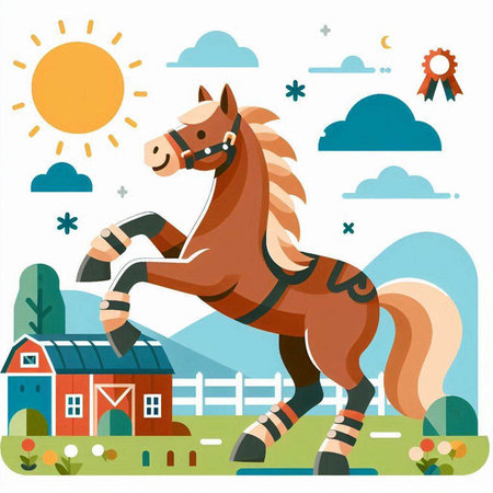 Horse in the countryside. Vector illustration in flat cartoon style.のイラスト素材