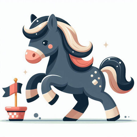 Vector illustration of a cute black horse running with a red flag.のイラスト素材