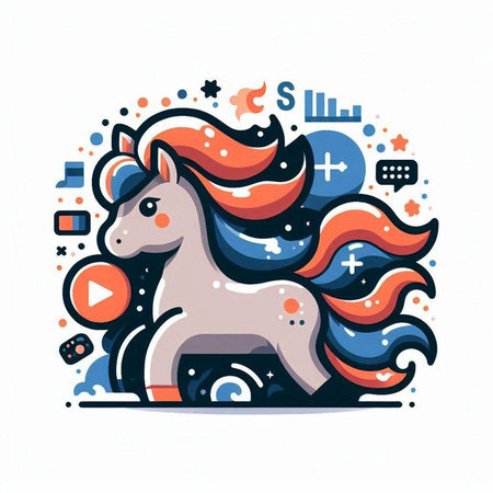 Colorful vector illustration with cartoon pony in doodle style.のイラスト素材