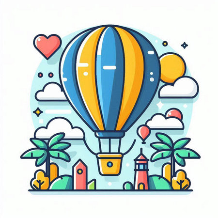 Hot air balloon in flat line style. Vector illustration of travel concept.のイラスト素材