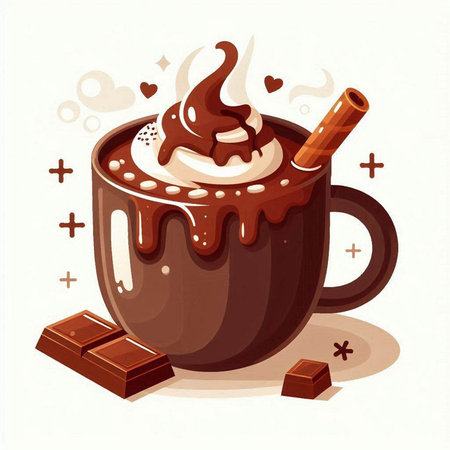 Cup of hot chocolate with whipped cream and cinnamon. Vector illustration.のイラスト素材