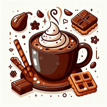 Cup of coffee with whipped cream and chocolate. Vector illustration.のイラスト素材