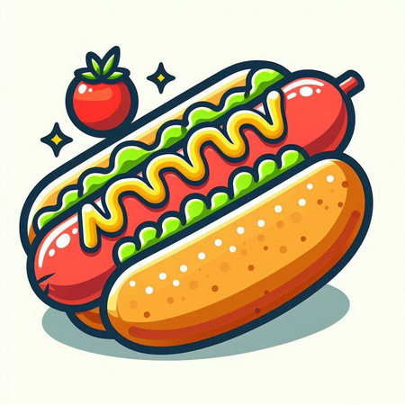 Hot dog with mustard, ketchupnnaise and tomato. Vector illustration.のイラスト素材