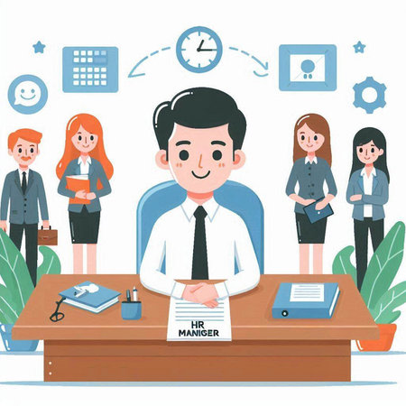 Businessman and businesswoman meeting in the office. Vector illustration.のイラスト素材