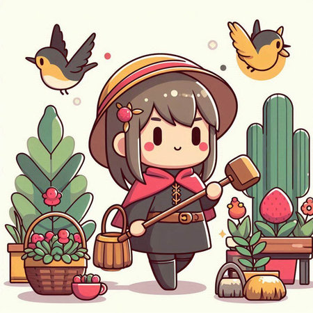 Cute cartoon girl with garden tools and flowers. Vector illustration.のイラスト素材