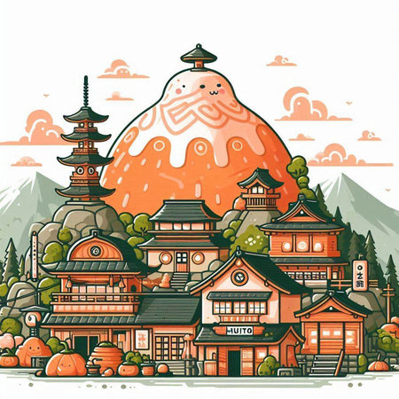 Vector illustration of Japanese old town with traditional buildings and pagodasのイラスト素材