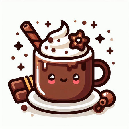 Cute cup of coffee with whipped cream and chocolate, vector illustrationのイラスト素材