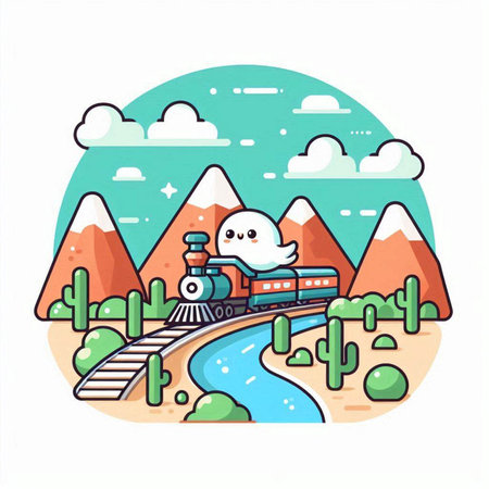 Cute cartoon steam train in the mountains. Vector illustration in flat styleのイラスト素材
