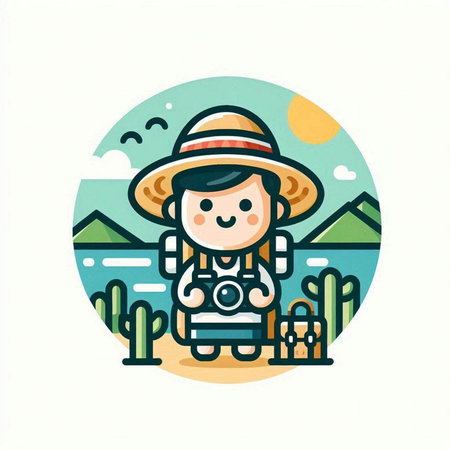 Vector illustration of a girl in a straw hat with a camera.のイラスト素材